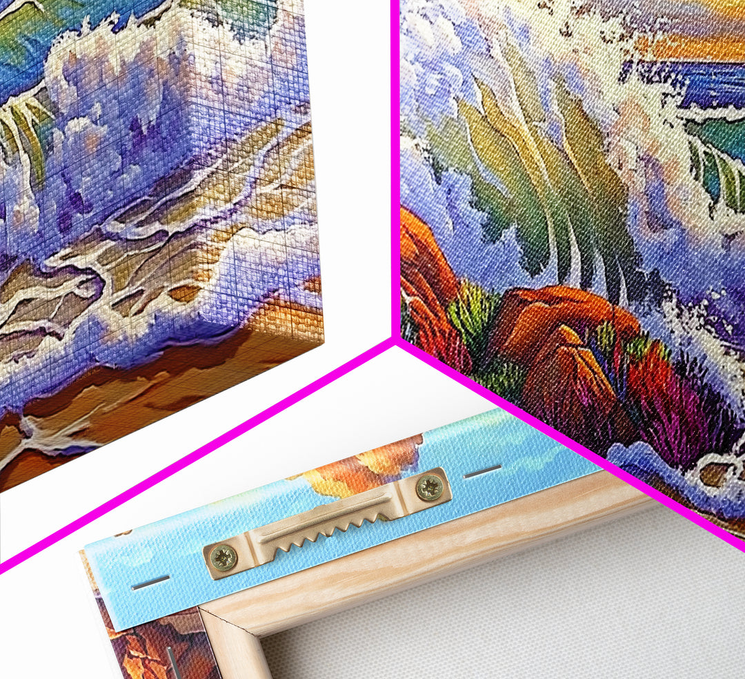 Rocks Waves, Sky, Framed Canvas Print, Majestic ocean wave crashing on rocks under golden clouds, Tropical Seascape, Coastal Living Room