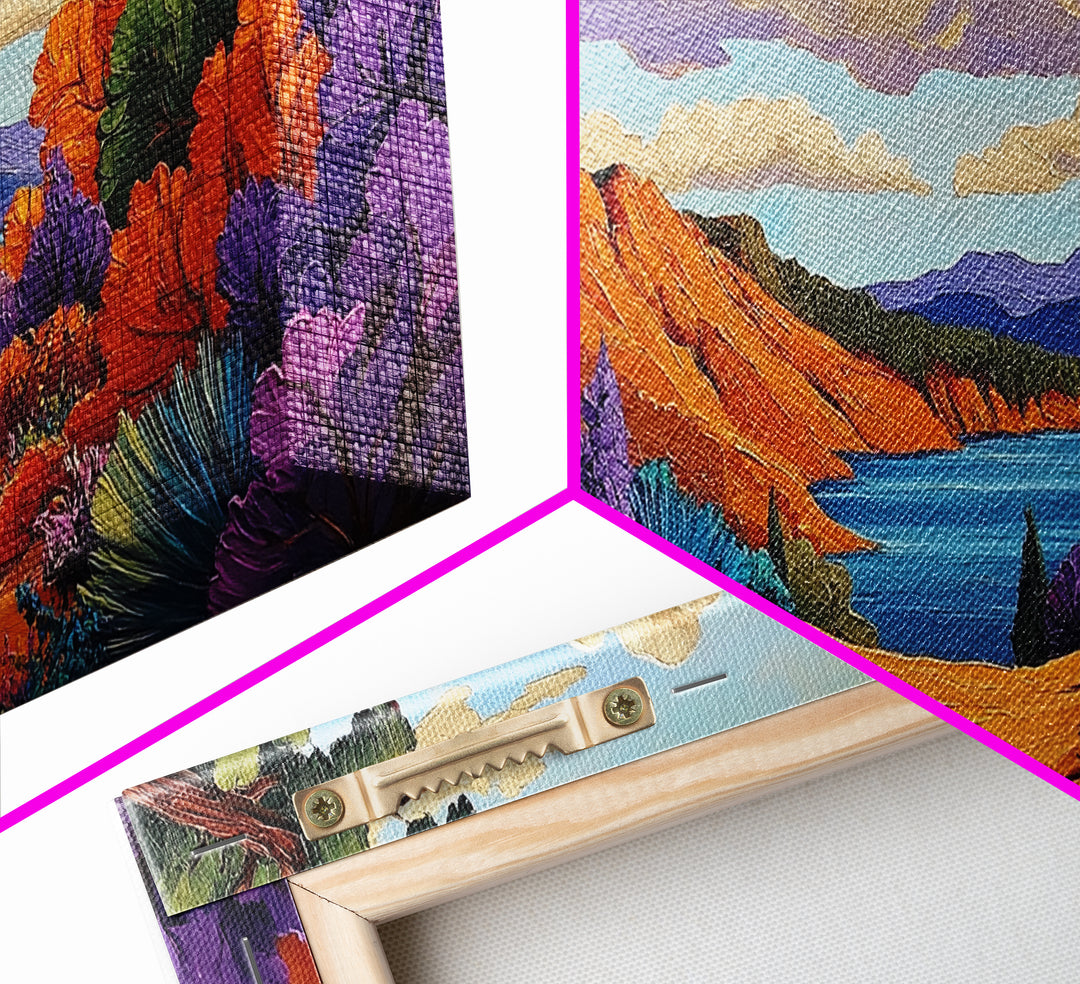 Autumn Lake, Path, Framed Canvas Print, Vibrant Fall forest trail leading to lake painting, Cozy Cabin Decor, Autumn Entryway Art