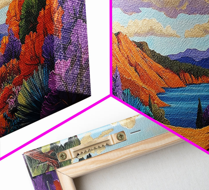 Autumn Lake, Path, Framed Canvas Print, Vibrant Fall forest trail leading to lake painting, Cozy Cabin Decor, Autumn Entryway Art