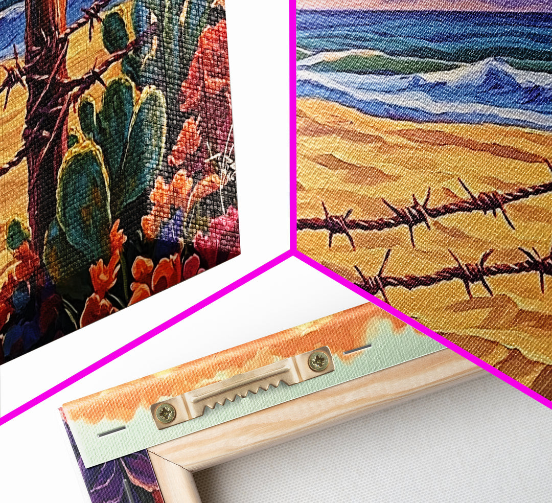 Beach Cactus, Fence, Framed Canvas Print, Vibrant Desert Beach Landscape, Colorful Boho Western Decor, Southwestern Living Room Art