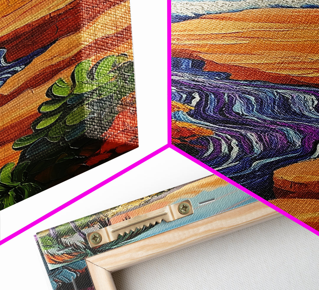 Beach Cliff, Waterfall, Sunset, Canvas Print bold beachside cliff art, ocean waterfall wall decor, coastal boho painting, living room print