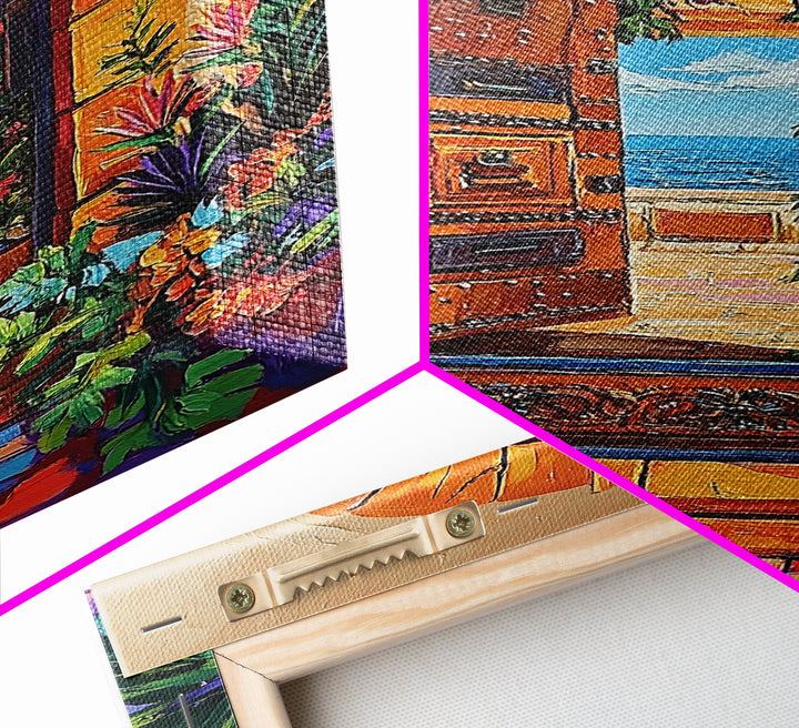 Doorway Ocean, View, Escape, Framed Canvas Print, Mediterranean coastal decor, boho travel wall art, vibrant entryway art, hallway decor