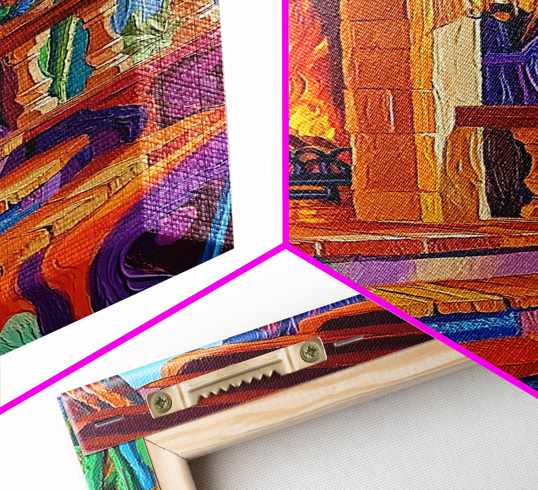 Cozy Hacienda, Fireplace, Terrace, Canvas Print, Southwestern Wall Art, Warm Interior Scene, Kitchen or Dining Room Boho Decor