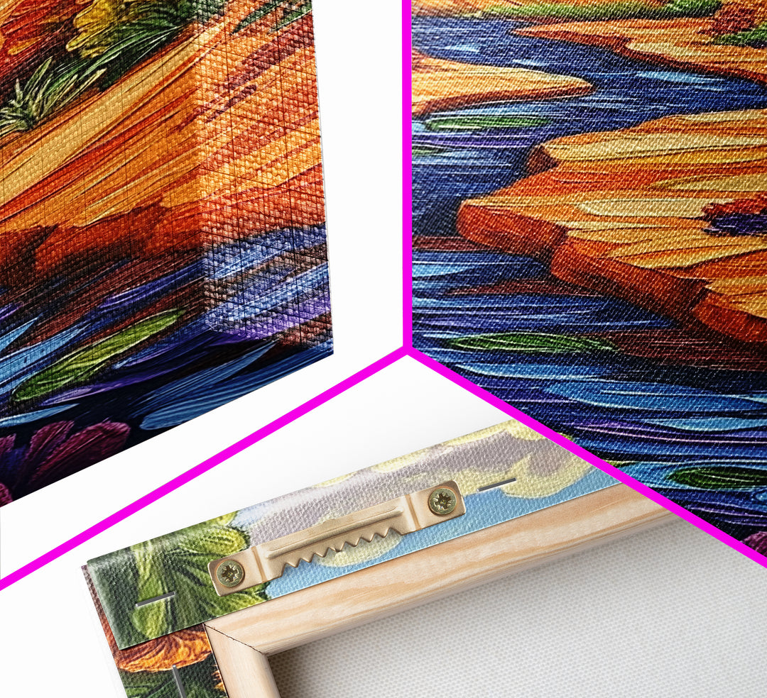 River Canyon, Fall, Flowers, Framed Canvas Print, Autumn Nature Artwork, Cozy Cabin Decor, Warm Earth Tones, Living Room Wall Art