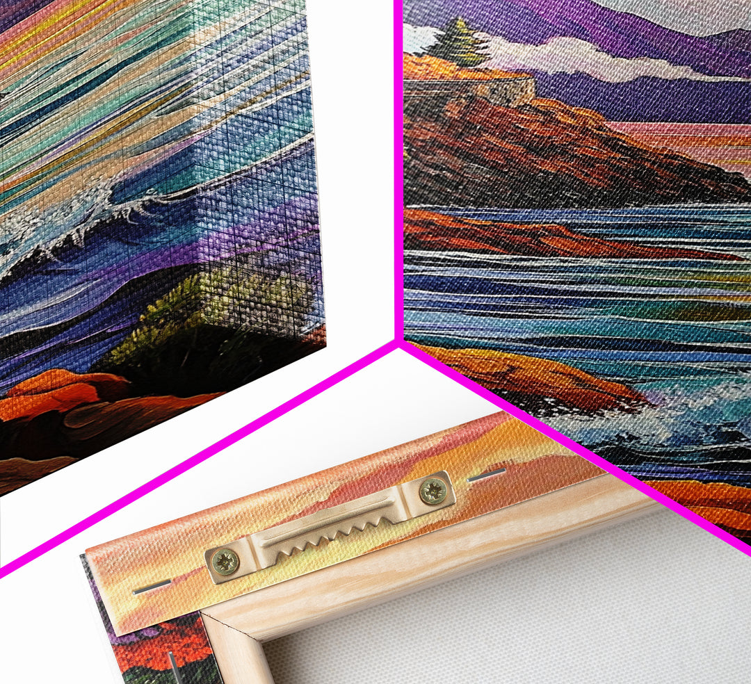 Cliffs Waves, Mountains, Autumn, Framed Canvas Print, coastal cliffs wall art, crashing waves painting, Autumn landscape, living room decor