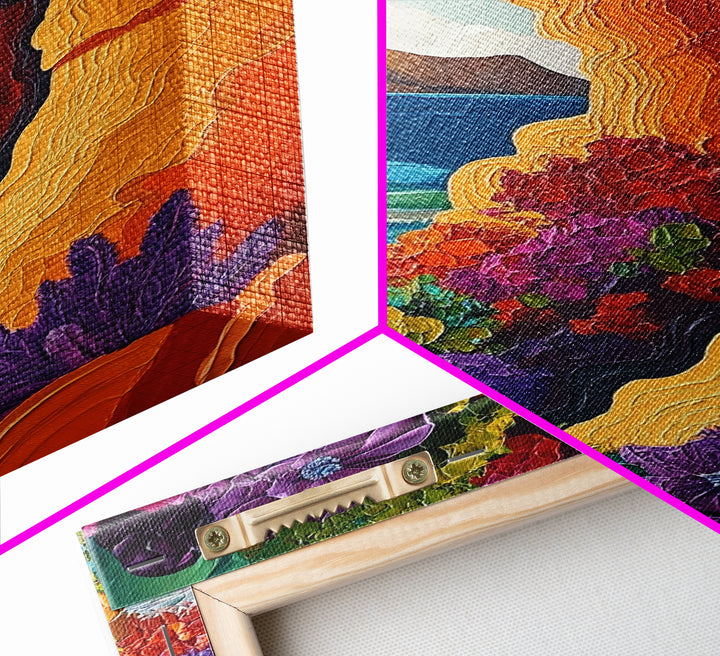 Cliffside Flowers, Ocean, Landscape, Framed Canvas Print floral coastal wall art, textured seaside painting, beach house decor, boho art style