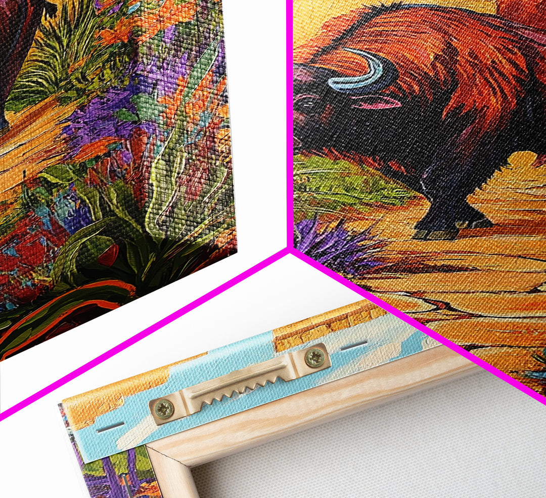Bison Path, Desert, Framed Canvas Print, Southwest Bull Wall Art, Rustic Western Decor, Vibrant Nature Boho Style, Entryway Wall Art