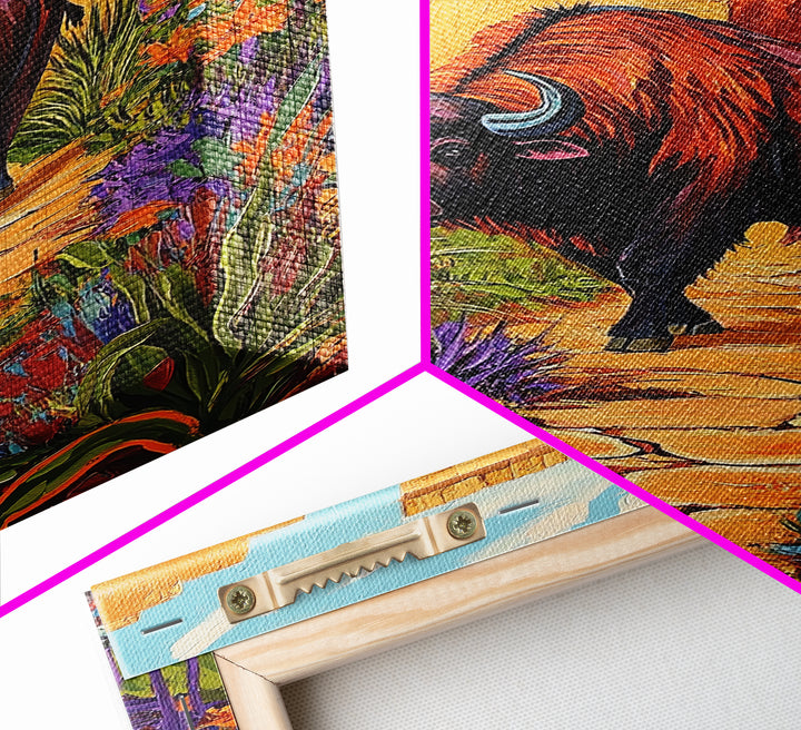 Bison Path, Desert, Framed Canvas Print, Southwest Bull Wall Art, Rustic Western Decor, Vibrant Nature Boho Style, Entryway Wall Art