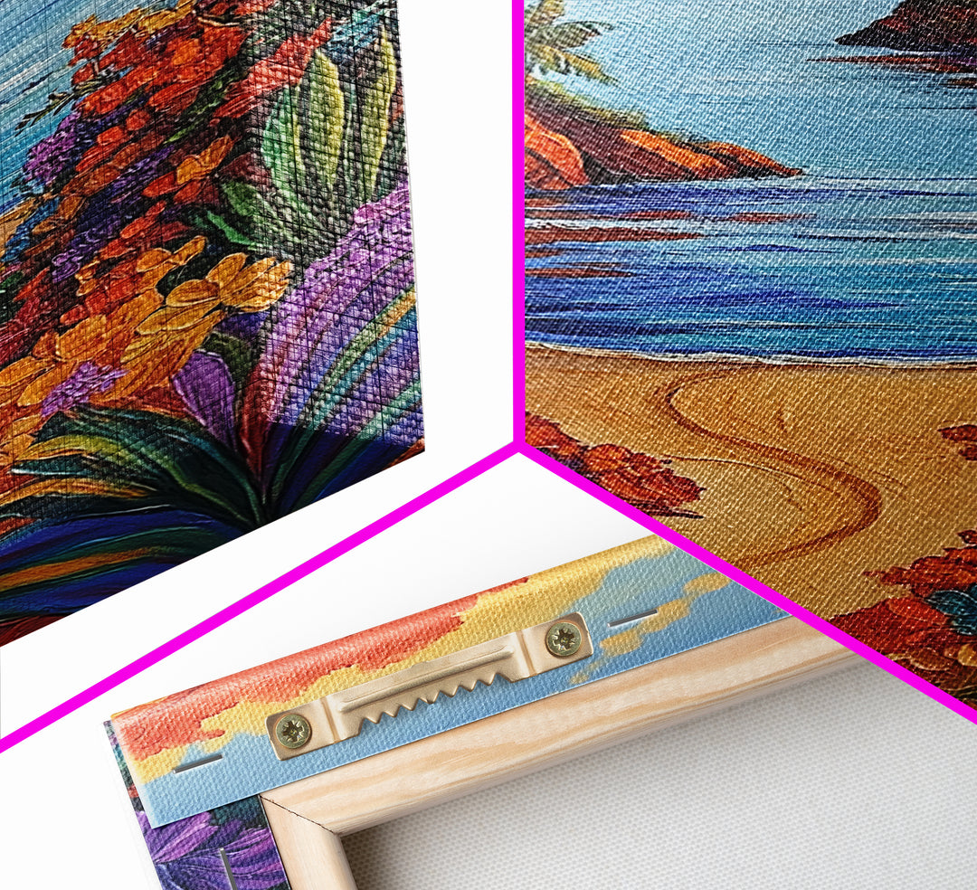 Beach, Sunset, Tropical, Floral Framed Canvas Print, Coastal Living Room Wall Art, Island Paradise Decor, Vibrant Summer Artwork
