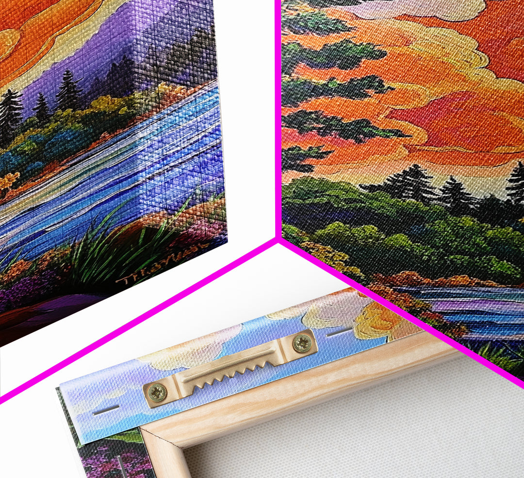 Pine Forest, Sunset, River, Framed Canvas Print, vibrant mountain art, autumn wall decor, cozy cabin wall art, rustic lodge artwork
