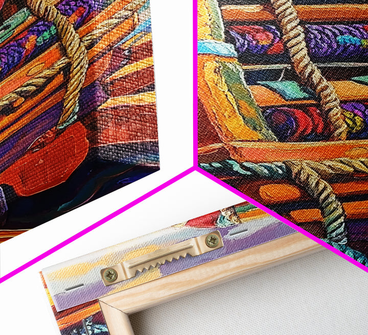 Rope Dock Sunset, Nautical, Framed Canvas Print, Nautical Rope Dockside Art, Sunset Painting, Coastal Seaside Wall Decor, Living Room Decor