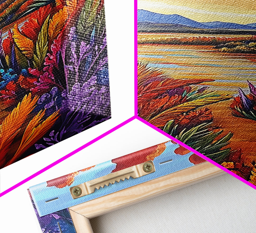 Autumn Lake, Trail, Fall Landscape Painting, Warm Sunset Wall Decor, Living Room Boho Vibes, Framed Canvas Print