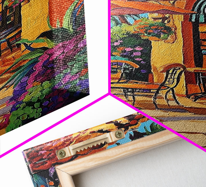 Bistro Patio, Sun, Canvas Print, Mediterranean cafe painting, kitchen wall art, outdoor charm artwork, sunny terrace decor, cozy nook print