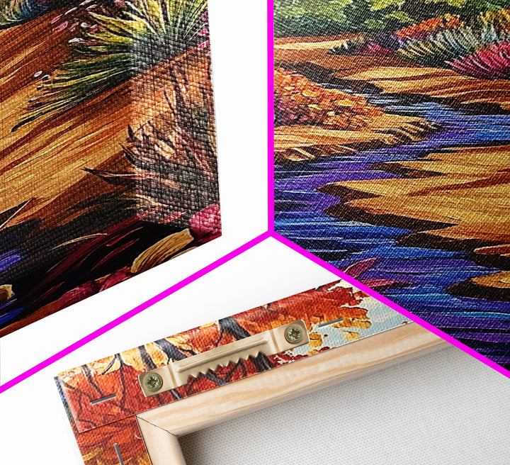 Autumn Forest, Stream, Pathway, Framed Canvas Print, Fall Nature Wall Art, Cozy Cabin Decor, Boho Living Room Landscape Artwork