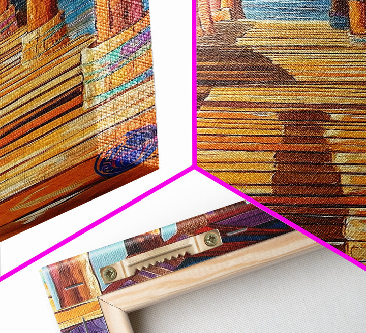 Dock Ocean, Pier, Sunset, Framed Canvas Print, Nautical Coastal Wall Art, Beach House Entryway Decor, Rustic Seaside Living Room