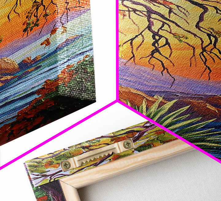 Coastal Tree View, Ocean Cliff Art, Sunset Seascape Painting, Nature Wall Decor, Framed Canvas Print, Hallway Wall Art, beach house art