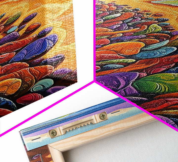 Colorful Rocks, Coastal Art, Vibrant Beach, Framed Canvas Print, nature-inspired painting, whimsical art, Hallway Wall Art