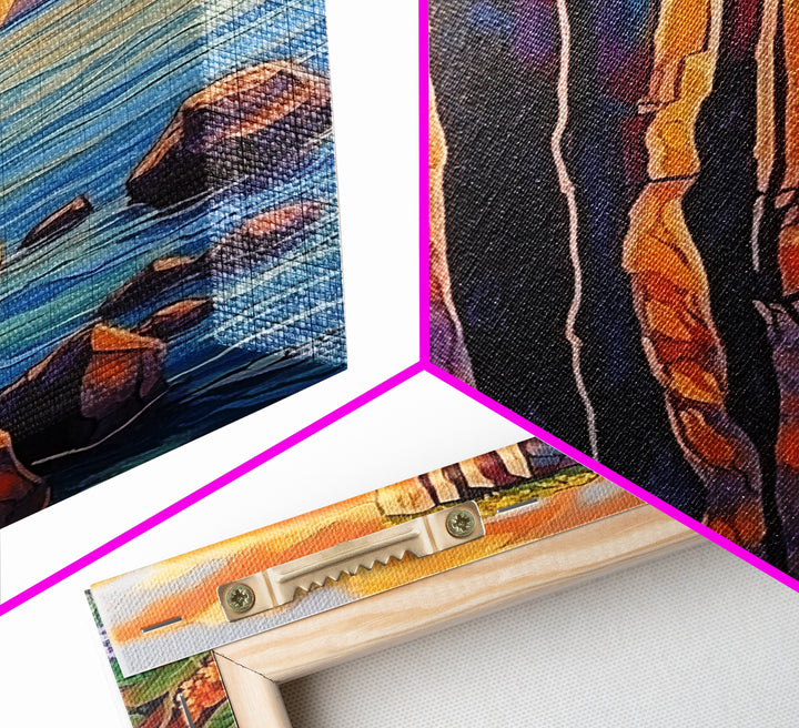 Cliff Sunset, Sea, Canvas Print, Bold coastal wall art, rocky cliff painting, dramatic sunset scene, office or den decor, nature inspired art