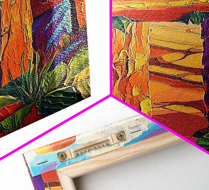 Coastal Fence, Sunset Vibes, Colorful Beach, Ocean Breeze, Framed Canvas Print, Beach House Wall Art, Vibrant Seascape, Tropical Boho Art