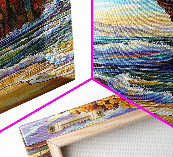 Ocean Arch, Wave Drama, Cliff Coast, Sunset Light, Framed Canvas Print, Living Room Wall Art, Coastal Landscape, Nature Inspired Art