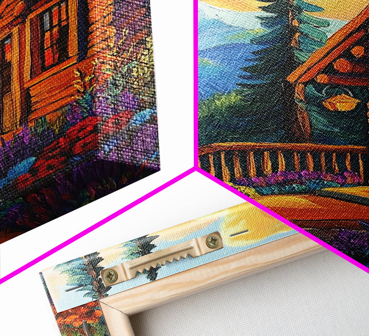 Cabin Escape, Fall Glow, Mountain Forest, Rustic Beauty, Canvas Print, Autumn Wall Art, Log Cabin Decor, Cozy Living Room Accent