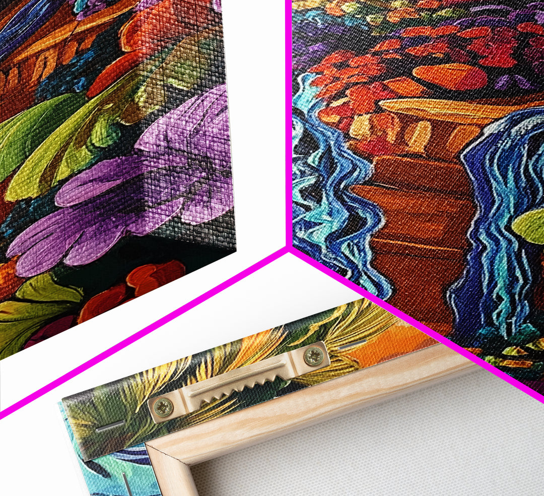 Tropical Garden Waterfall, Coastal Wall Art, Sunset Jungle Scene, Framed Canvas Print, Vibrant Nature Painting, Living Room Boho Art