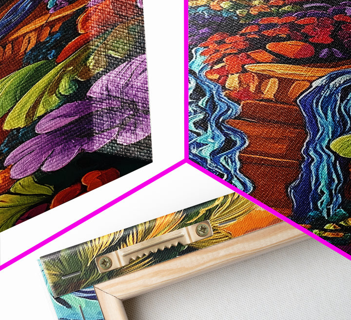 Tropical Garden Waterfall, Coastal Wall Art, Sunset Jungle Scene, Framed Canvas Print, Vibrant Nature Painting, Living Room Boho Art