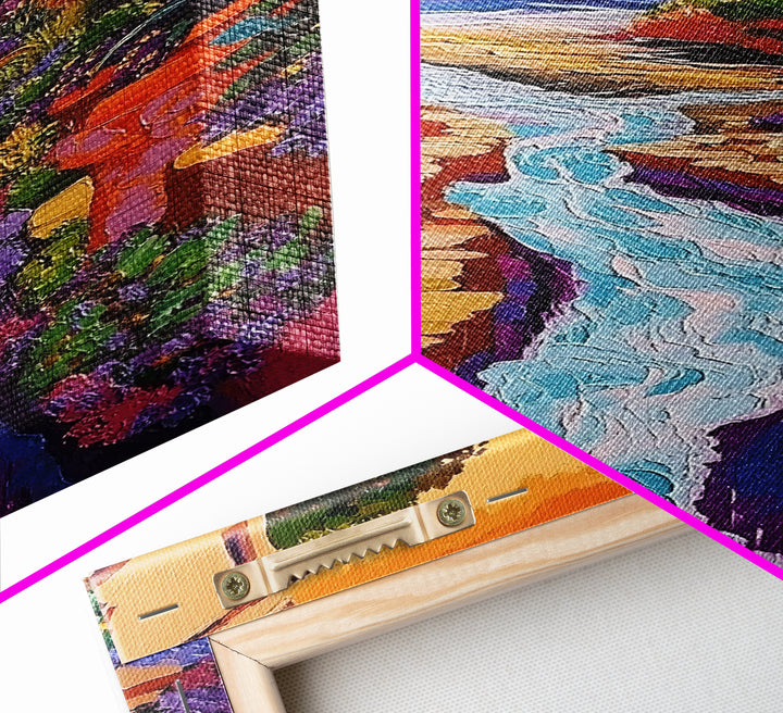 Coastal Pathway Stream, Sunset Cactus Art, Vibrant Garden Trail, Canvas Print, Mediterranean Landscape, Kitchen Wall Decor, Boho Art