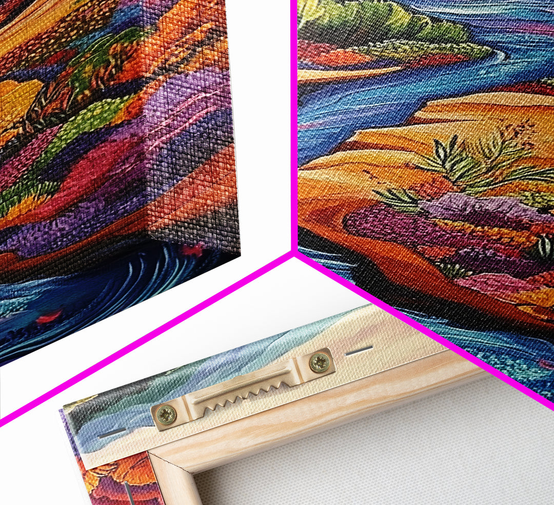 Autumn River Valley, Floral Hillside Art, Bright Fall Landscape, Framed Canvas Print, Seasonal Wall Decor, Living Room Autumn Art