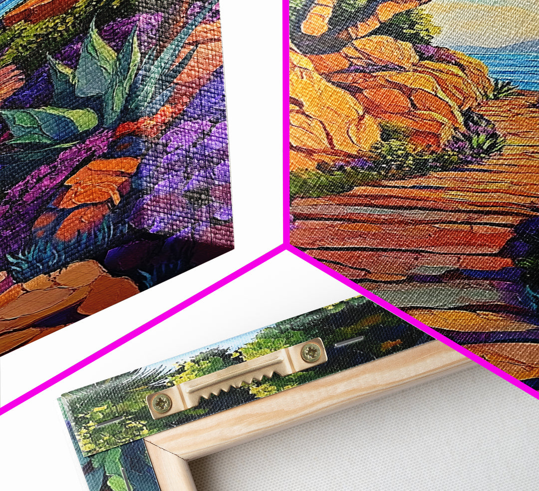 Coastal Trail, Vibrant Path, Tropical Landscape, Nature Art, Sunset Vibes, Living Room Wall Art, Canvas Print, Boho Chic Decor