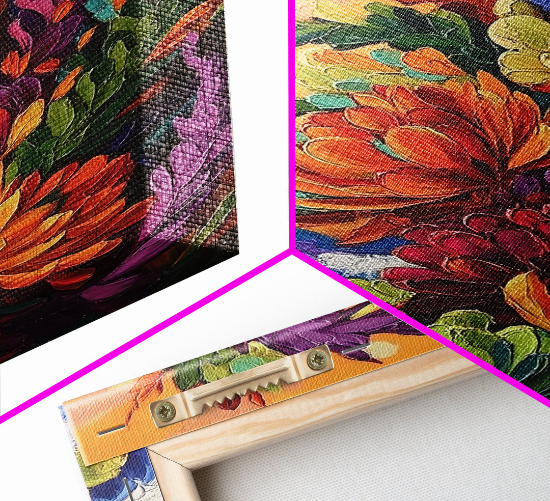 Abstract Florals, Bold Beach Scene, Coastal Flower Art, Vibrant Wall Accent, Kitchen Wall Art, Boho Style, Canvas Print, Sunset Tones