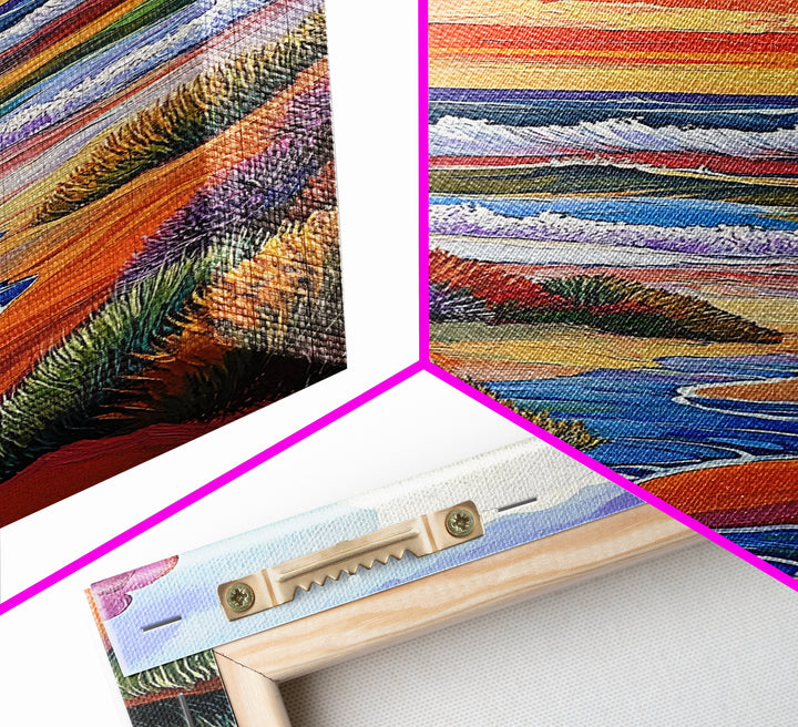 Coastal Sunset, Rolling Waves, Vibrant Beachscape, Boho Ocean Scene, Living Room Wall Art, Seaside Decor, Framed Canvas Print