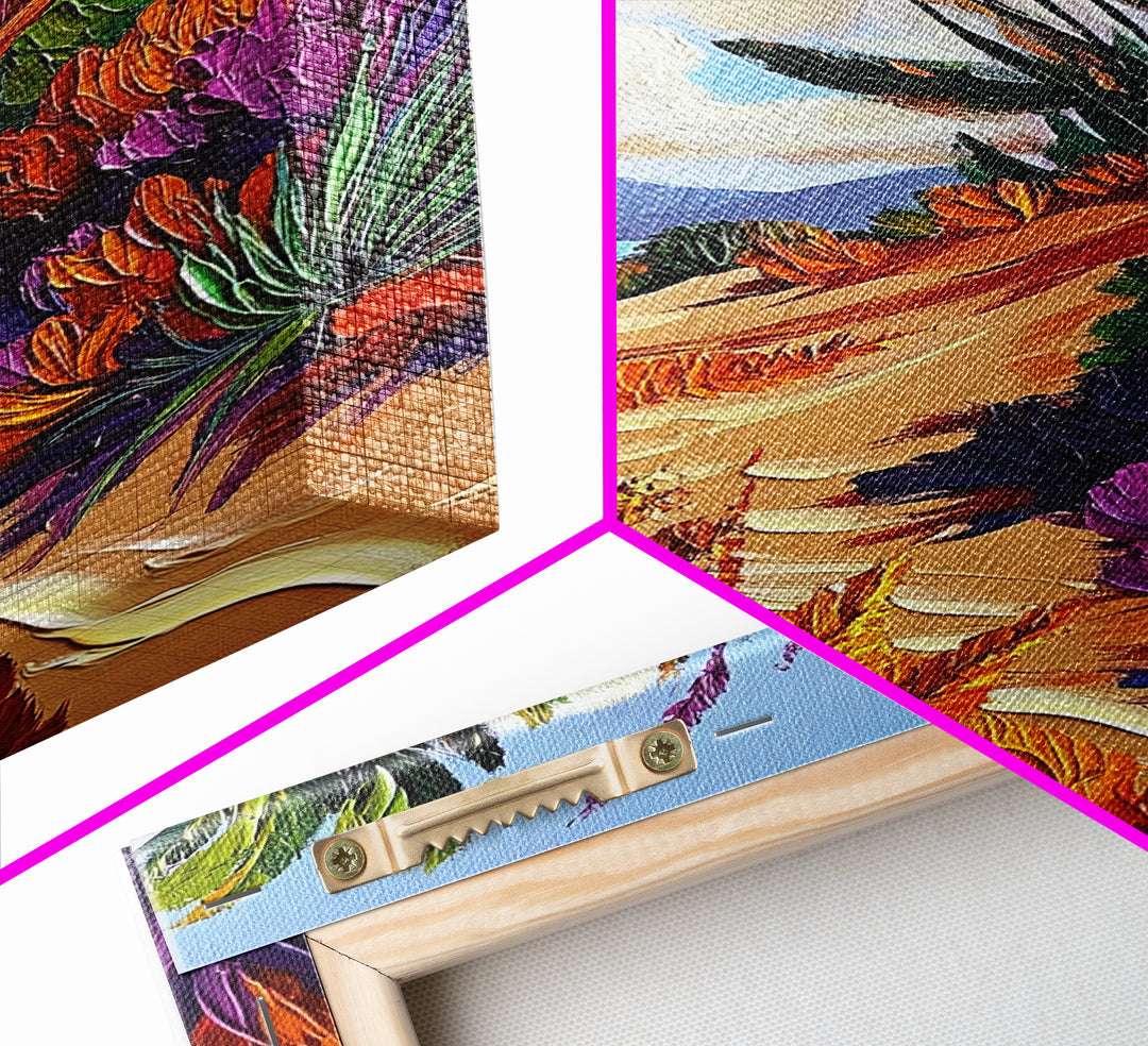 Ocean Cliff Path, Colorful Flora, Coastal Desert View, Summer Breeze Art, Beach House Wall Art, Canvas Print, Boho Nature Style