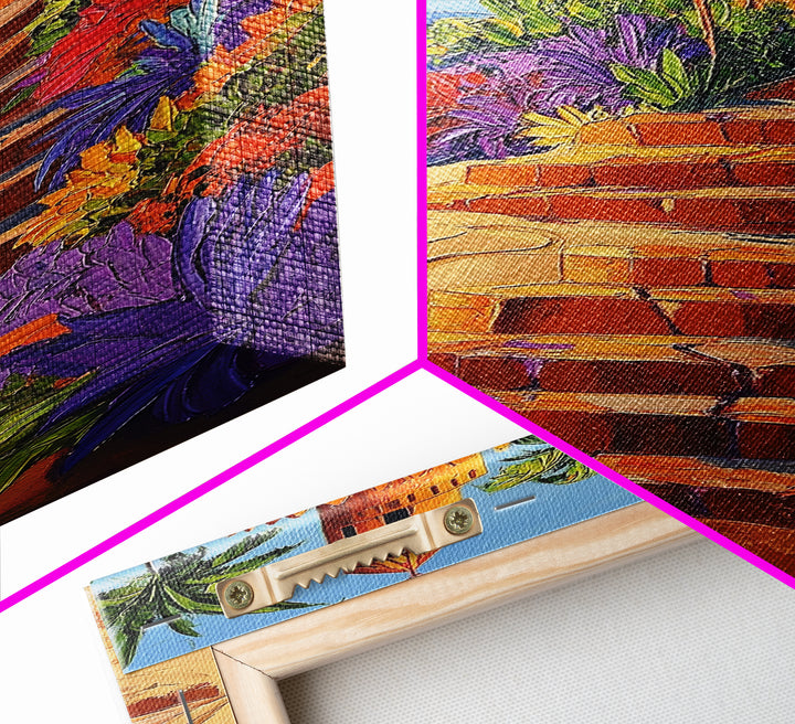 Coastal Castle, Vibrant Tropics, Seaside Fantasy Art, Bold Beach Decor, Playful Wall Accent, Framed Canvas Print, Tropical Style Room