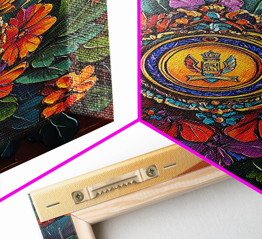 Royal Crest, Floral Emblem, Mediterranean Decor, Vibrant Details, Framed Canvas Print, Kitchen Wall Art, Spanish Wall Art, Regal Vibe