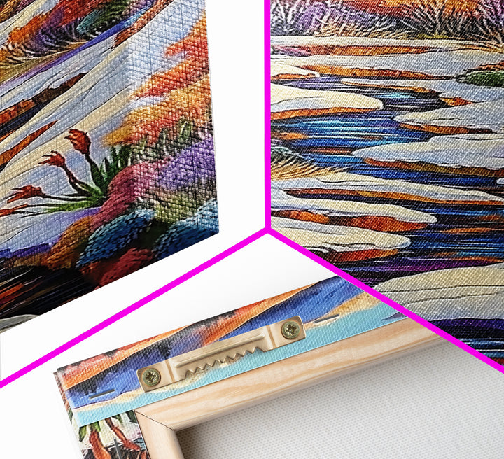 Autumn Snow Creek, Mountain Fall Scene, Nature River Painting, Framed Canvas Print, Cozy Living Room Wall Art, Rustic Cabin Style