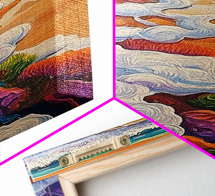 Ocean Shore Foam, Abstract Beach Scene, Coastal Texture Art, Framed Canvas Print, Summer Bathroom Wall Art, Vibrant Seaside Style