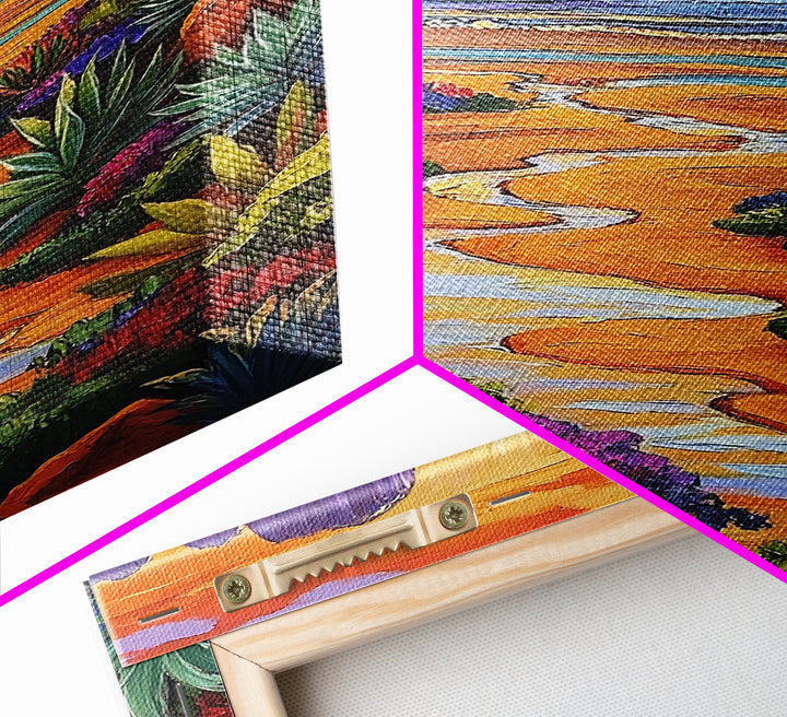 Desert Beach, Mountain Sunset, Ocean Stream, Palm Tree — Framed Canvas Print vibrant landscape wall art, boho living room, beach house decor