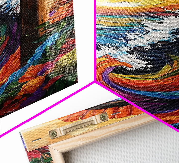 Ocean Wave Portal, Whimsical Sea Art, Sunset Coastal Decor, Framed Canvas Print, Living Room Accent, Vivid Nautical Painting