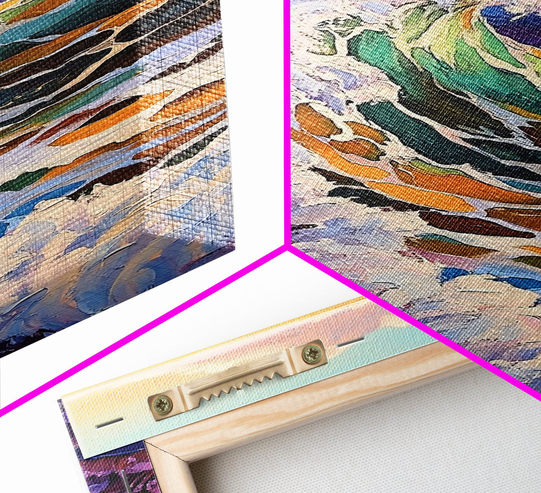 Crashing Ocean Wave, Rocky Coastline Scene, Vibrant Beach Art, Framed Canvas Print, Nature Inspired, Coastal Living Room Wall Art