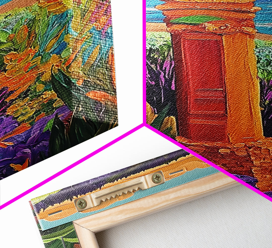 Coastal Landmark Art, Beach Garden View, Framed Canvas Print, Vibrant Landscape Wall Art, Sunroom Decor, Bright Coastal Scene