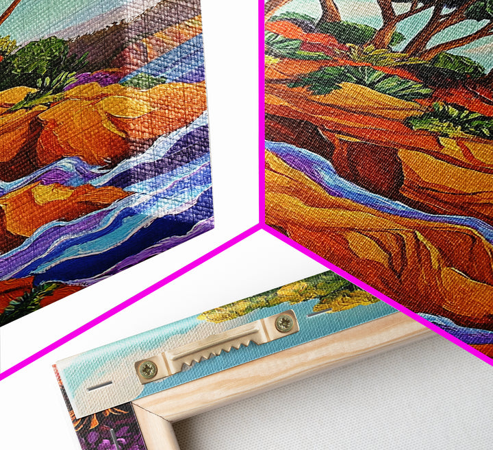 Cliffside Trees Flow, Coastal Waterfall Art, Canvas Print, Scenic Nature Wall Decor, Spa Bathroom Wall Art, Tranquil Landscape Scene