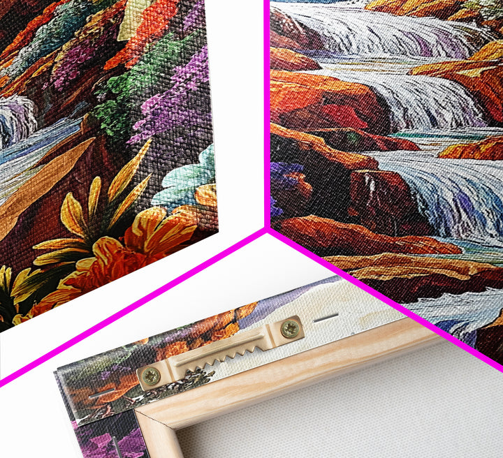 Cascading Falls, Ocean Cliffs, Tropical Flowers, Bold Nature, Framed Canvas Print, Living Room Wall Art, Maximalist Decor, Beach Art