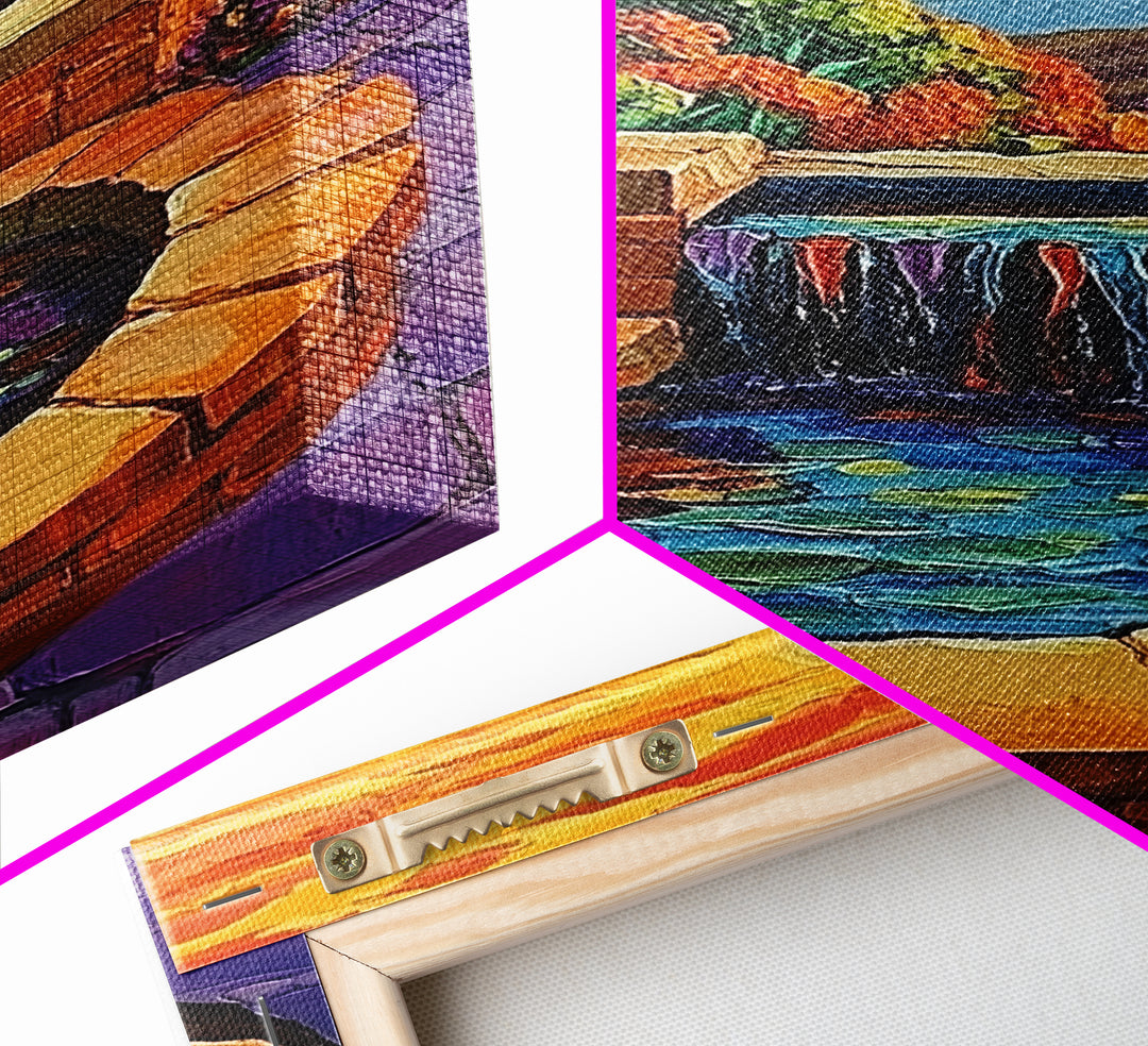 Brick Fountain Sunset, Peaceful Garden Oasis, Warm Tones, Autumn Wall Art, Framed Canvas Print, Serene Patio or Hallway Decor