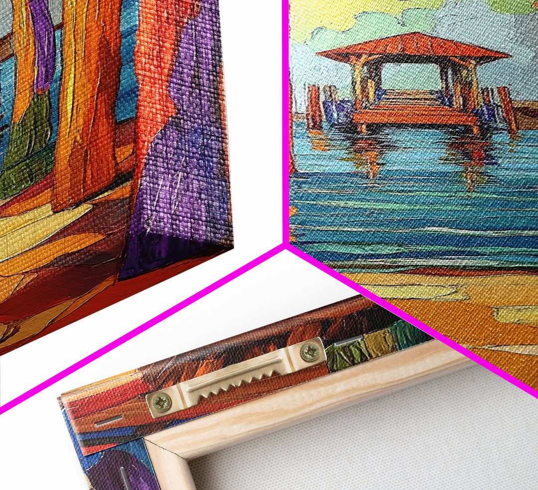 Dock Walkway, Tropical Pier, Ocean View, Beach Art, Framed Canvas Print coastal home decor, hallway wall art, vibrant nautical painting