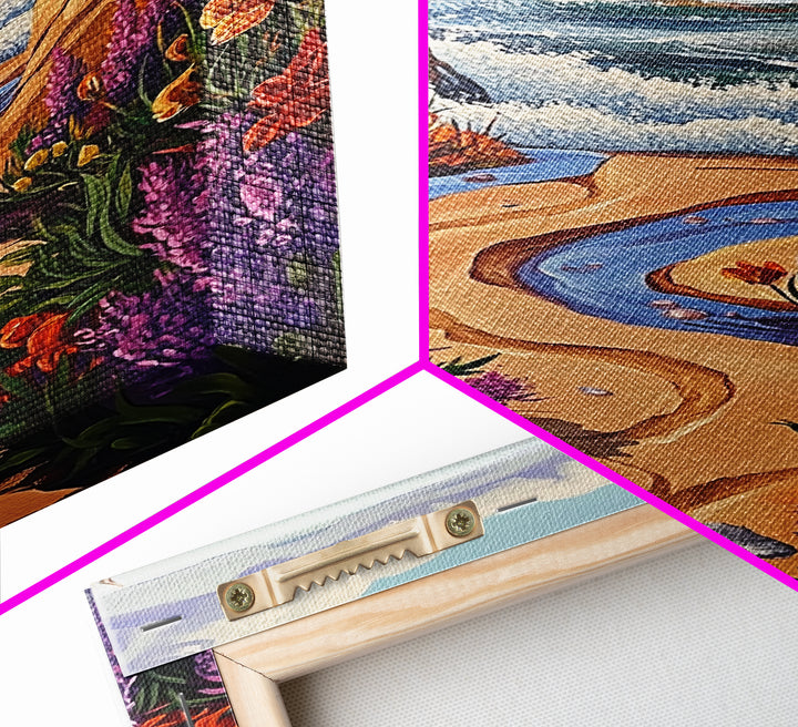 Coastal Path, Floral Trail, Ocean View, Beach Landscape, Framed Canvas Print, boho art, hallway decor, tropical wall art, beach house art