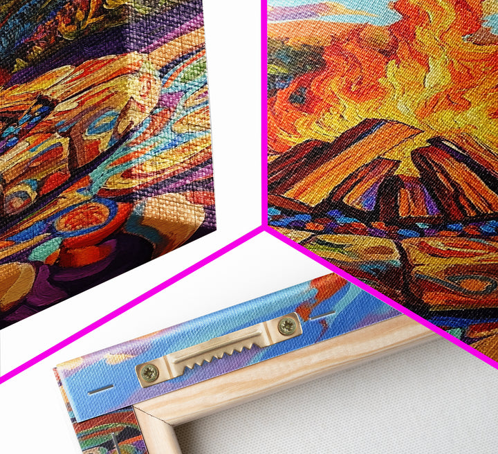 Campfire Palm Trees, Flame, Sunset, Framed Canvas Print tropical bonfire art, cozy fire pit painting, Fall decor, outdoor living room wall art