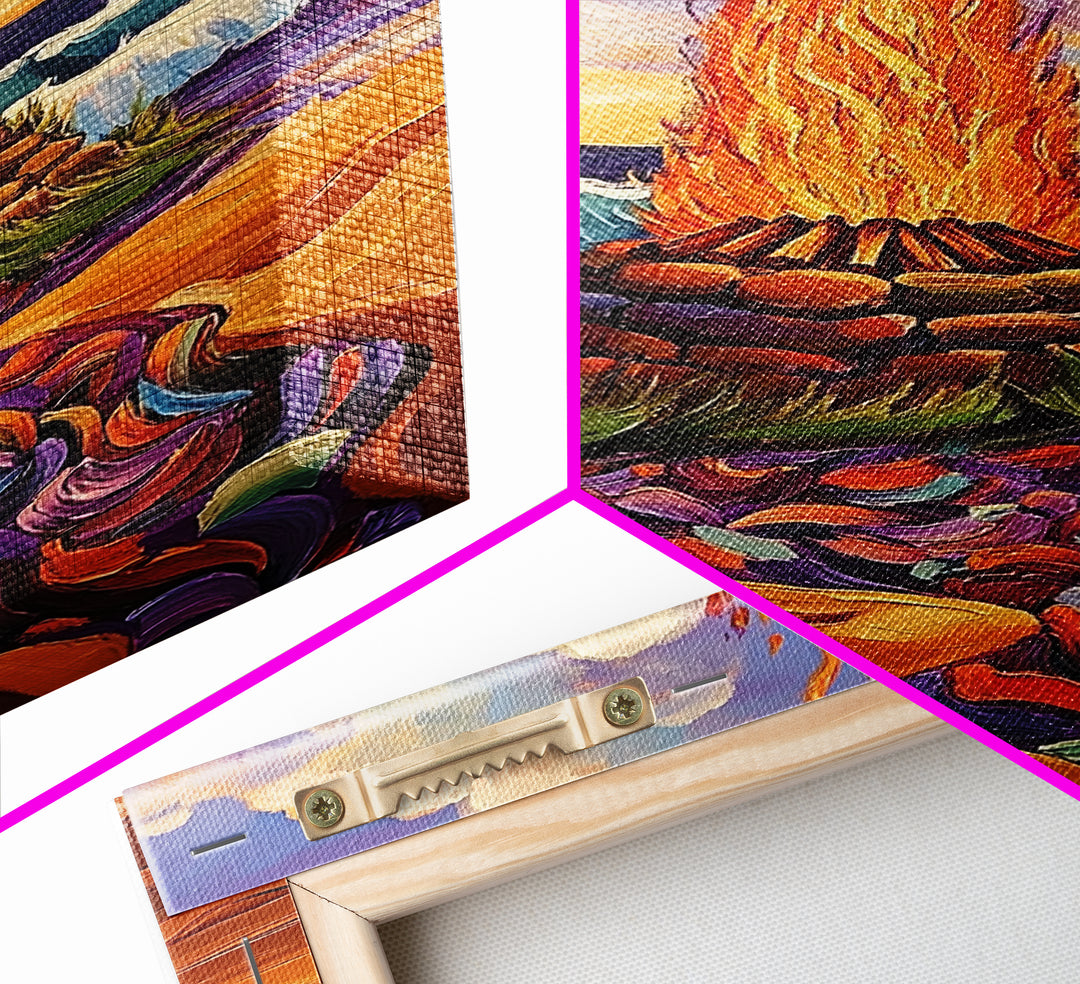 Bonfire Beach, Twilight, Ocean, Framed Canvas Print fire pit artwork, vibrant beach decor, ocean waves and flames, Fall living room wall art