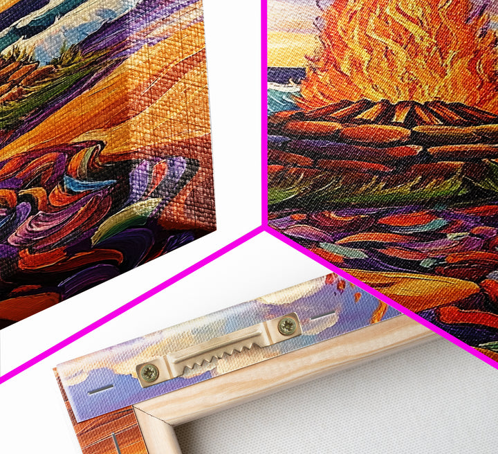 Bonfire Beach, Twilight, Ocean, Framed Canvas Print fire pit artwork, vibrant beach decor, ocean waves and flames, Fall living room wall art