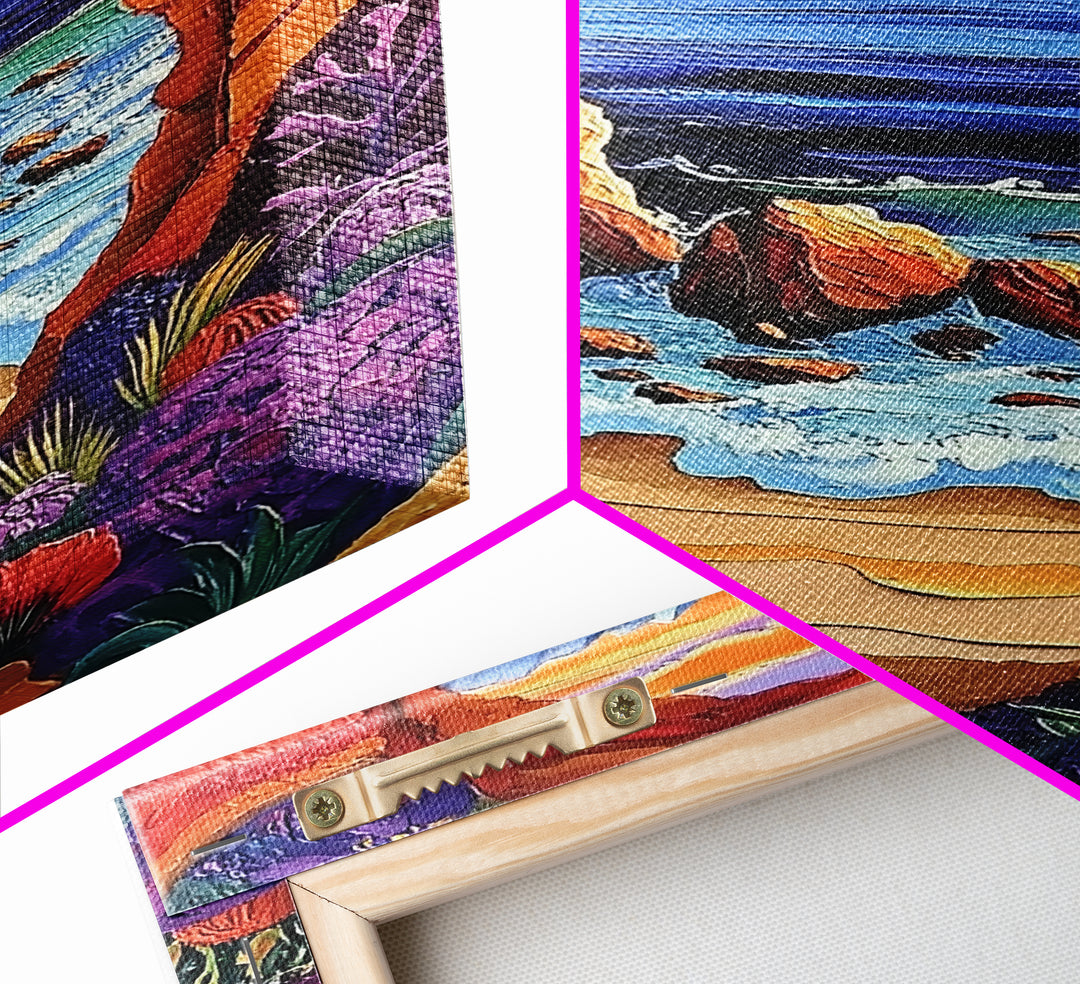 Coastal Archway, Ocean, Escape, Framed Canvas Print bold beach cave painting vivid seascape arch view boho tropical living room wall decor